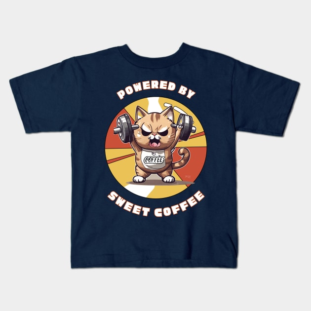 Powered by Coffee, weight lifting strong cat Kids T-Shirt by KIRBY-Z Studio